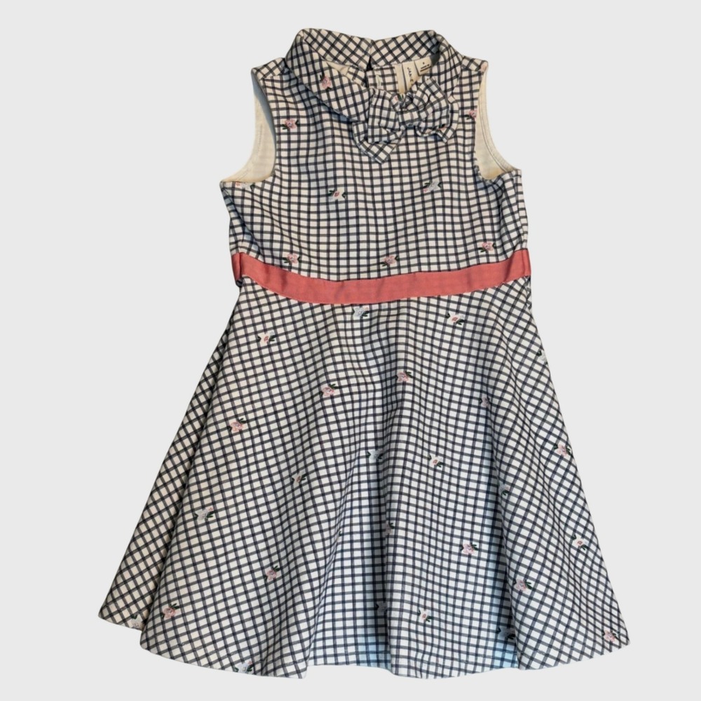 Janie and Jack Plaid Dress Girl Size 6 Floral Bow Waistband Check Bow Full Skirt